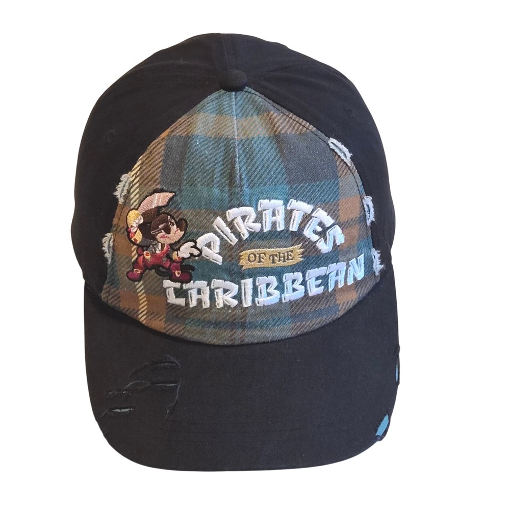 Disney Pirates of the Caribbean Mickey Mouse Plaid Distressed Baseball Hat Black